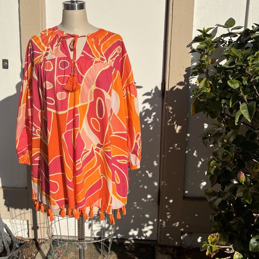 CHRISTIAN SIRIANO Pink Orange Abstract Print Bohemian Women's Blouse